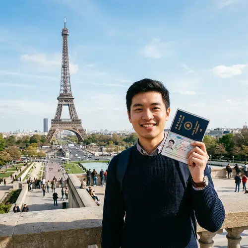 East Asian Man with Travel Document in Paris | Cityscape View