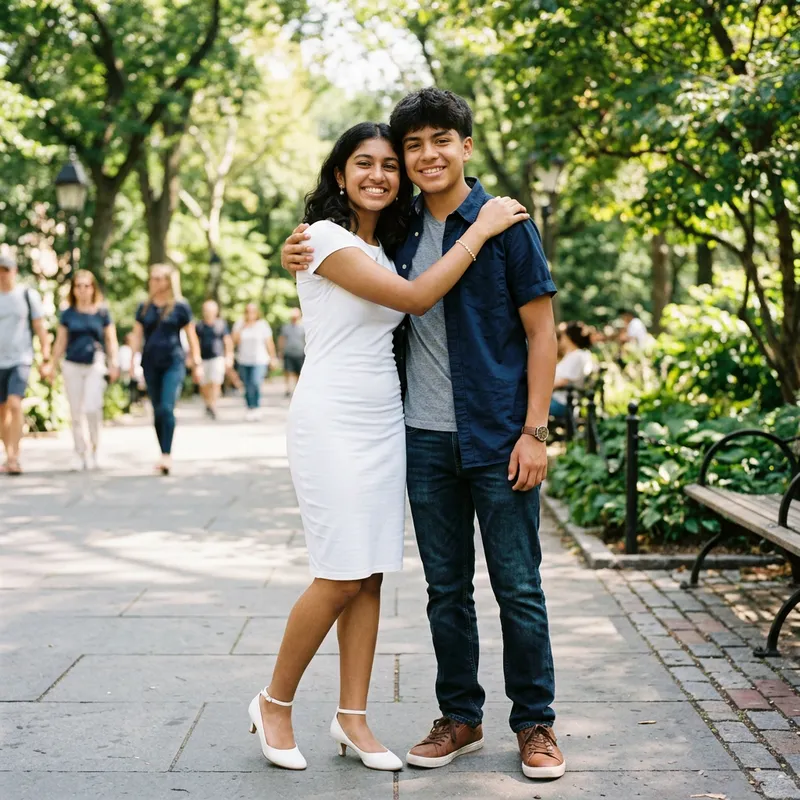 Teenage Girl in Modest White Dress | Friendly Hug