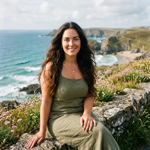 Curvy Woman with Unique Eyes and Dark Hair
