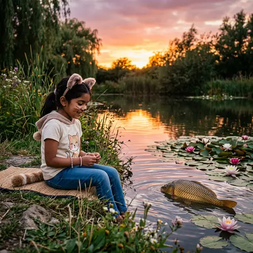 German Carp and Cat-Girl: A Serene Pond Scene