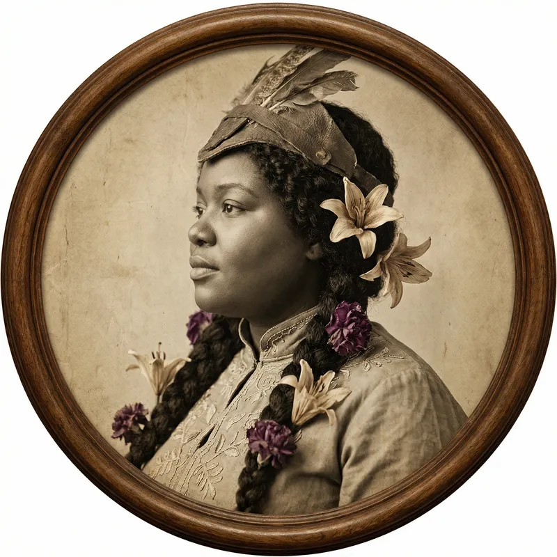 Realistic Antique Black Woman, Purple Flowers, Native Feathers