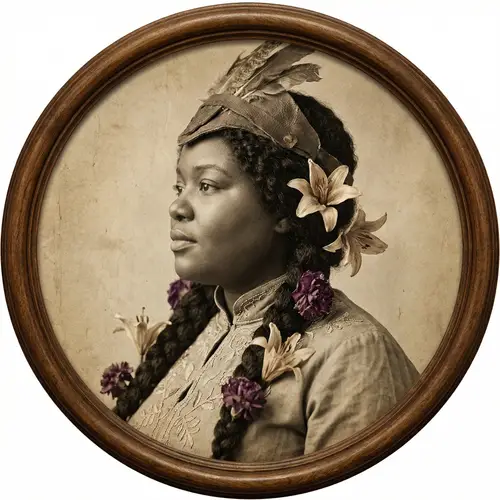 Realistic Antique Black Woman Portrait with Purple Flowers