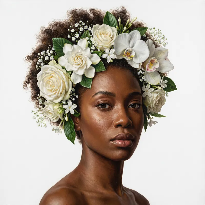 Hyper-Realistic Oil Painting of Black Woman with Floral Headpiece Hyper-Realistic Oil Painting of Black Woman with Floral Headpiece