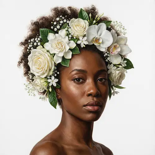 Black Woman Portrait with Floral Headpiece in Hyper-Realistic Style