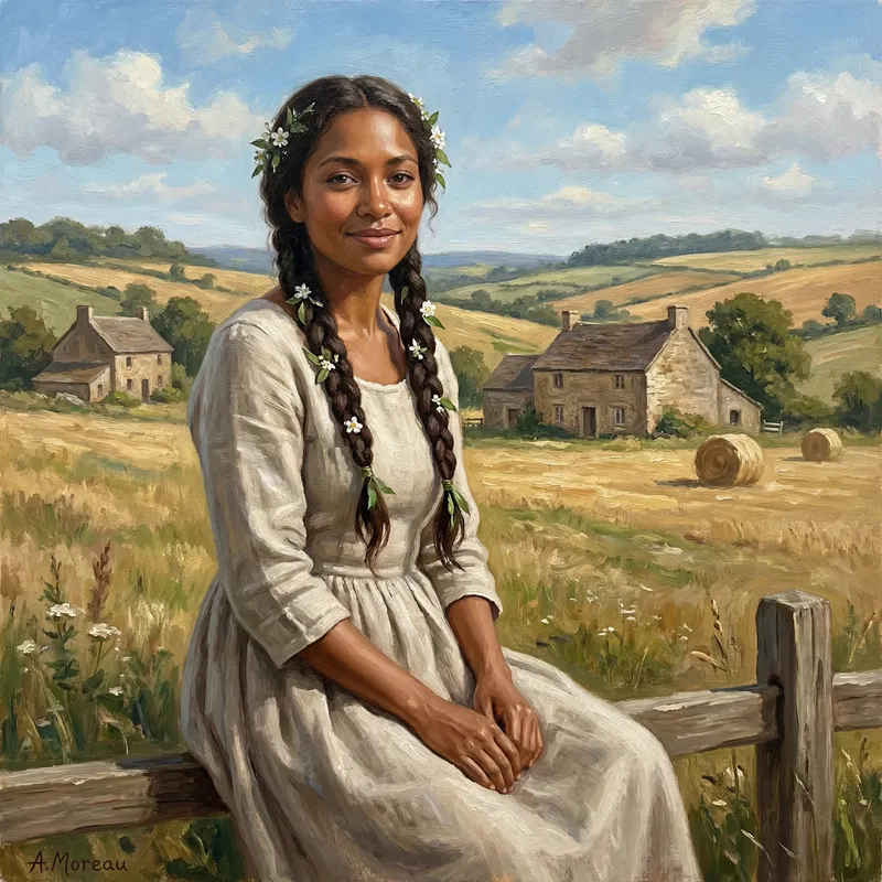 Realistic Painting of Black Women with Long Black Braids in Country Setting