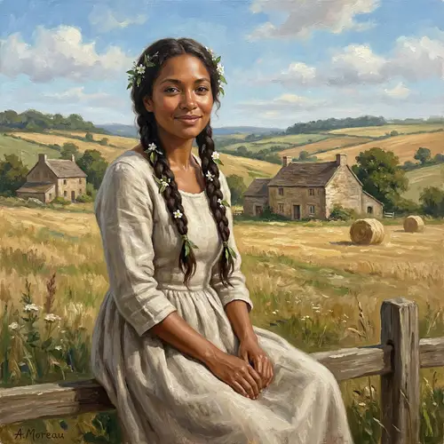 Realistic Painting of Black Woman with Braided Hair in Peaceful Country Landscape