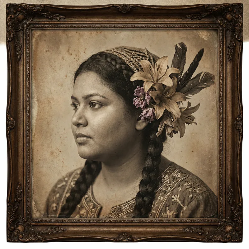 Realistic Antique Portrait of Brown Woman with Intricate Floral Designs