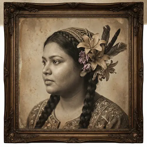 Hyperrealistic Antique Portrait of South Asian Woman with Floral Adornments