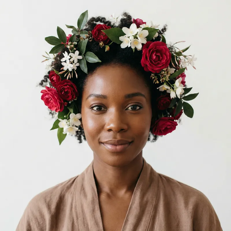 Realistic Black Woman with Floral Headpiece