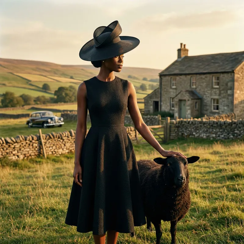 Vintage Black Woman in Stylish Country Setting with Sheep