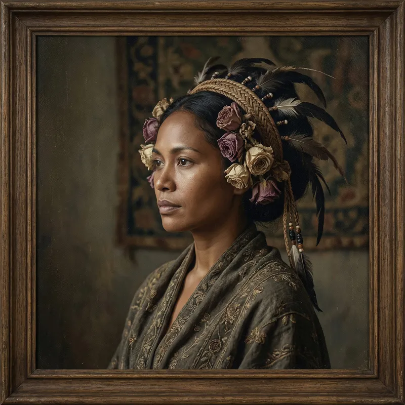 Realistic Antique Portrait of Brown Skin Woman with Native Feathers