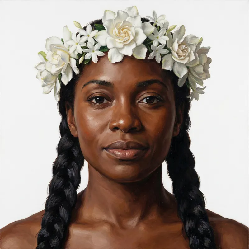 Realistic Oil Painting of Black Woman with Floral Head Adornment