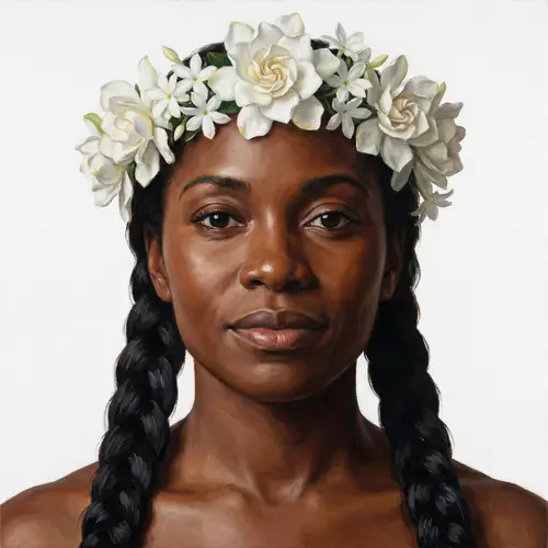 Realistic Oil Painting Portrait of Black Brown Skinned Woman with Floral Head Adornment