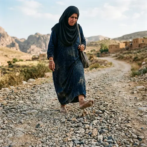 Middle-Eastern Woman Walking Barefoot on Gravel