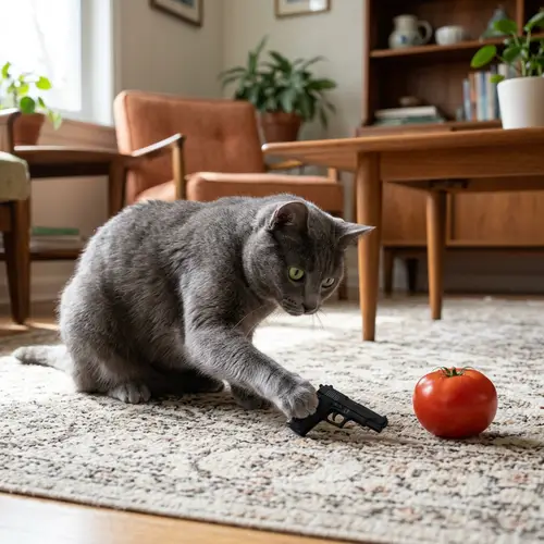Serene Domestic Cat Playfully Pawing at Miniature Gun and Ripe Tomato
