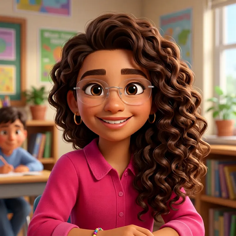 Vintage Disney 3D Animation Style: Curly-Haired Hispanic Girl in Fuchsia Shirt