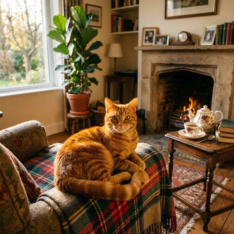 Adorable Tabby Cat Resting on Plaid Blanket