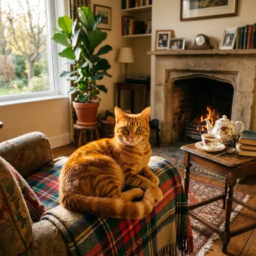 Adorable Tabby Cat on Vintage Tartan Blanket | Cozy Home Scene