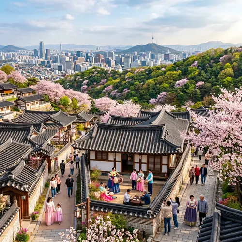 South Korea Landscape: Cityscape, Hanok Houses & Cherry Blossoms