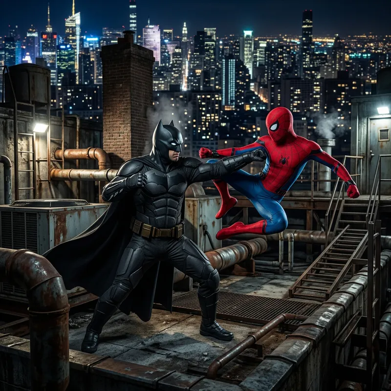 Batman vs. Spiderman: Intense Night Battle - Urban Skyscraper Clash