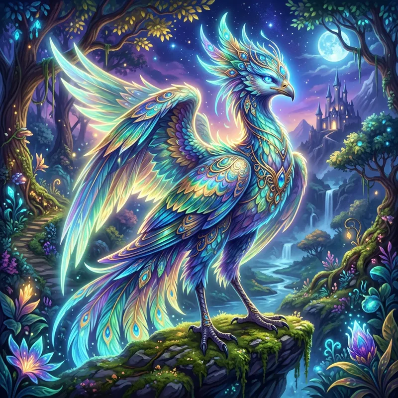 Ethereal Fantasy Creature with Vibrant Feathers and Glowing Eyes