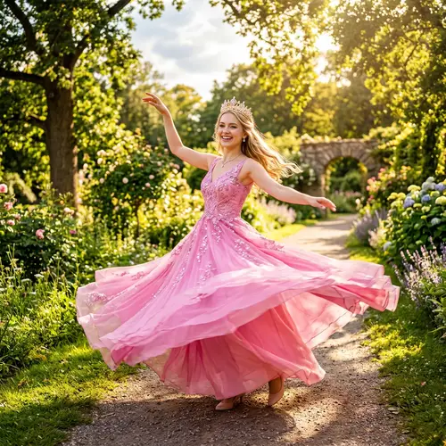 Enchanting Princess Dancing in Park | Sunlit Beauty