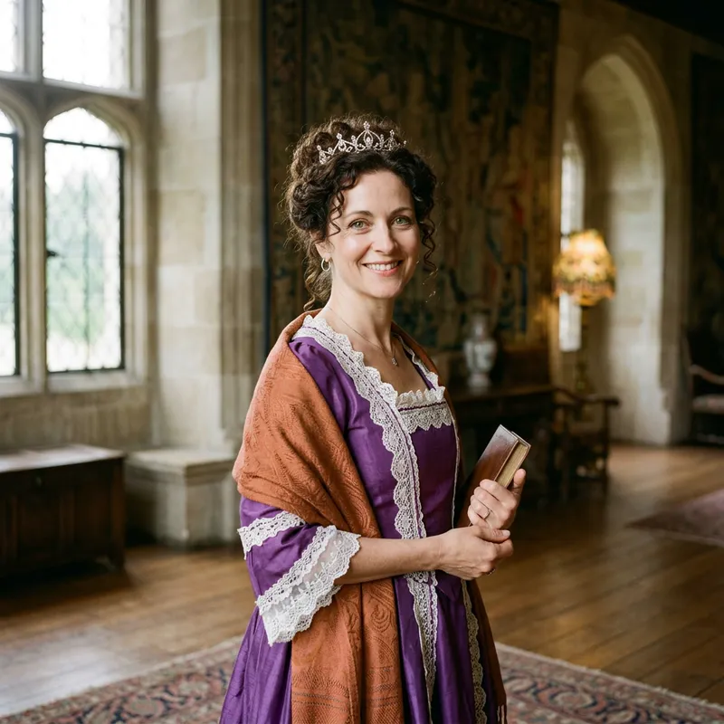 Stylish Woman in Purple Dress with Green Eyes and Dark Curly Updo