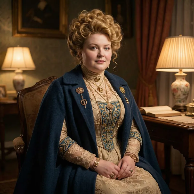 Vintage Portrait of a Woman with Golden Hair and Blue Accessories