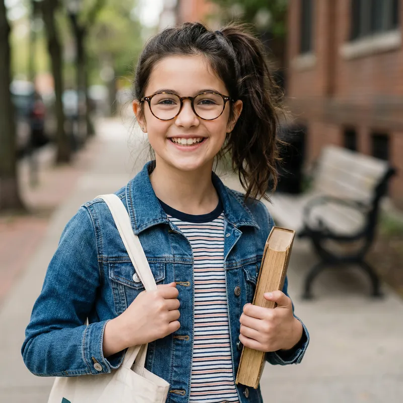 Meet Hannah: Young Girl with Dark Brown Hair & Glasses | Cheerful Student Look