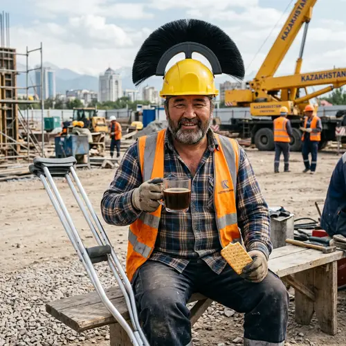 Kazakh Man with Roman-Style Helmet Drinking Coffee