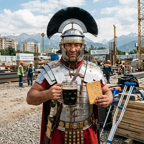 Kazakh Man in Roman Centurion Armor with Coffee Mug and Cracker Cookie