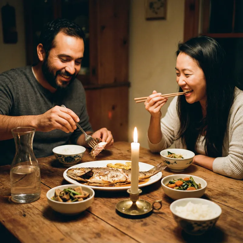 Intimate Meal Scene: Couple Sharing a Delicious Fish Dish