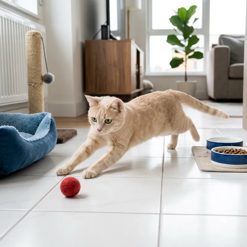 Agile Domestic Short-Haired Cat Playing in Modern Setting