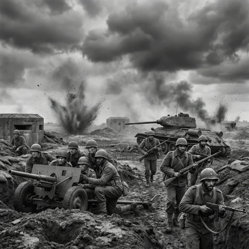 WW2 Battle Scene: Soldiers, Trenches, Tanks, Explosions WW2 Battle Scene: Soldiers, Trenches, Tanks, Explosions