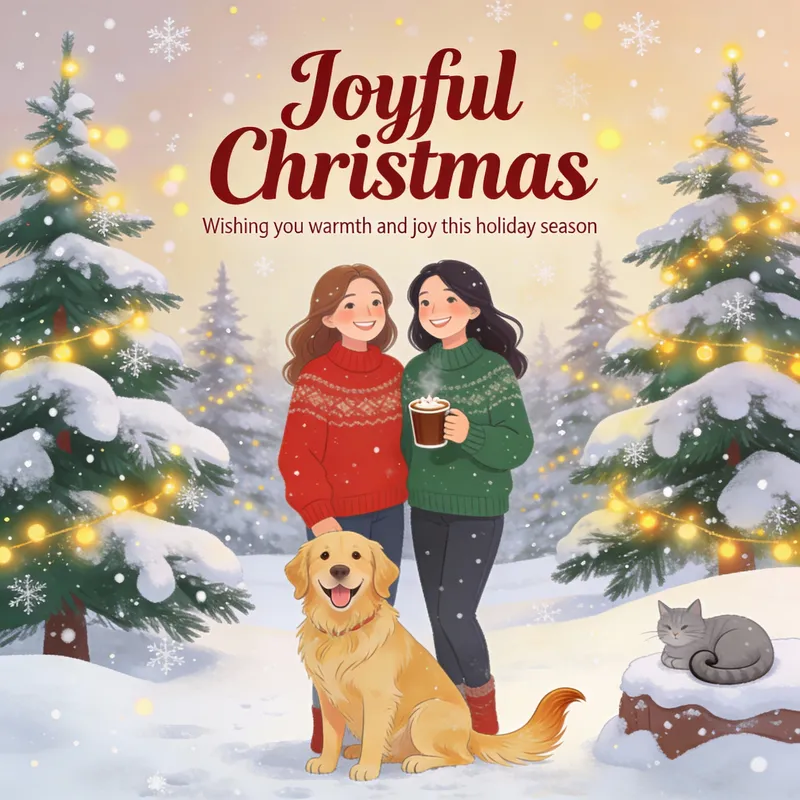 Festive Christmas Card with Pine Trees & Pets