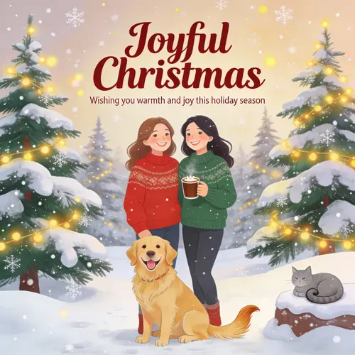 Festive Christmas Card with Pine Trees & Pets