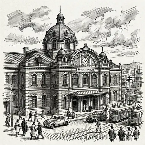 Black and White Sketch of Old Seoul Station