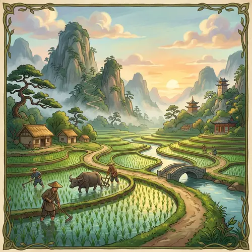 Scenic Rice Field Cartoon Art from Ancient China