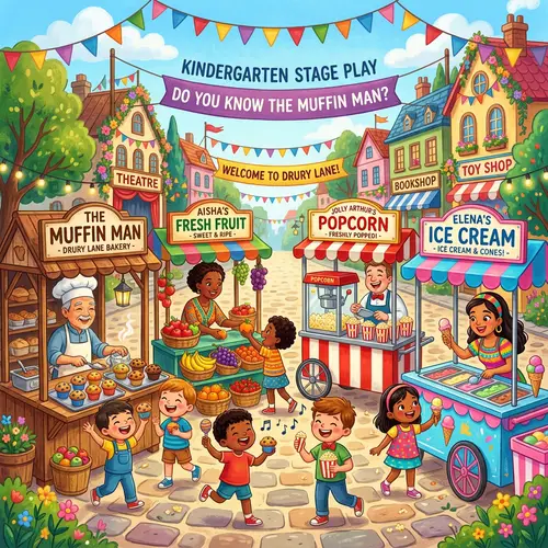 Vibrant Stage Play Illustration - Joyful 'Muffin Man' Scene