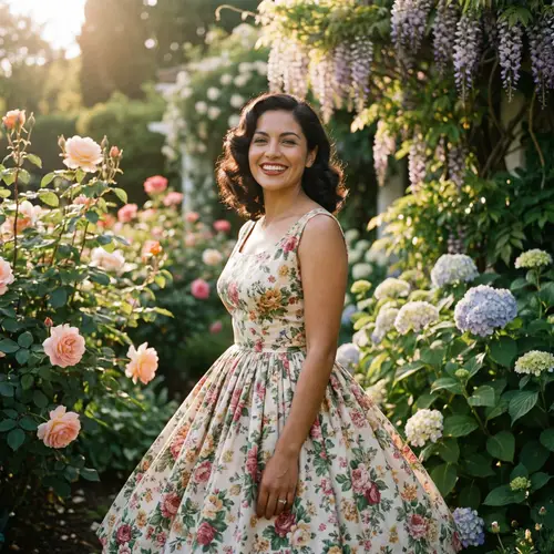 Elegant Hispanic Woman in Floral Mid-Century Dress