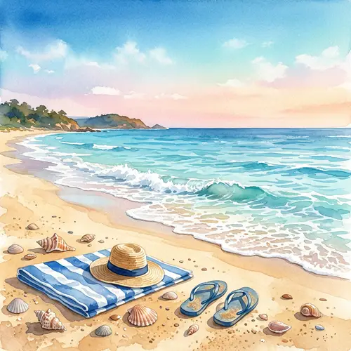Serene Beach Scene Watercolor Art | Summer Vacation Relaxation