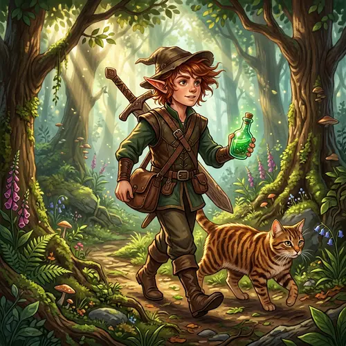 Enchanting Forest Elf with Cat in Adventure Scene