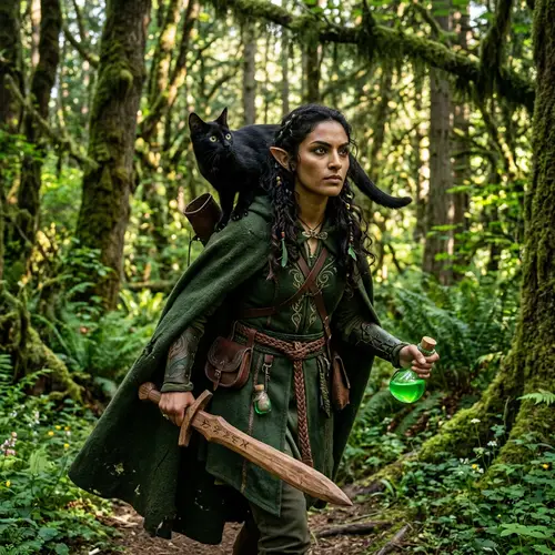 Striking Middle-Eastern Female Elf in Green Attire with Cat