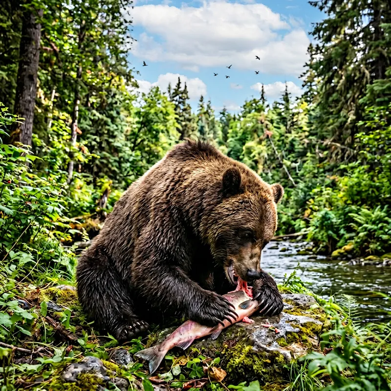 Brown Bear Eating in Forest
