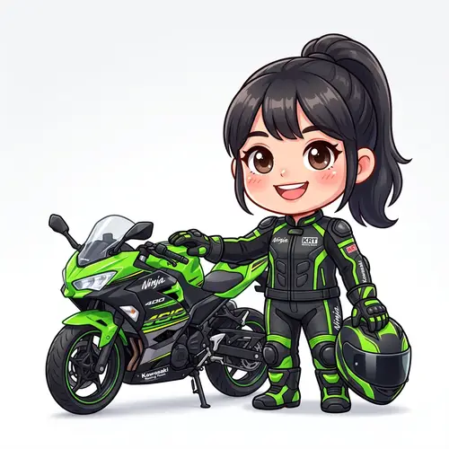 Chibi-Style Woman with Toy Ninja 400 Motorcycle