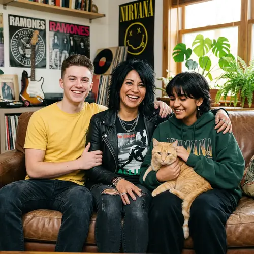 Hispanic Rocker Woman with Kids and Yellow Cat