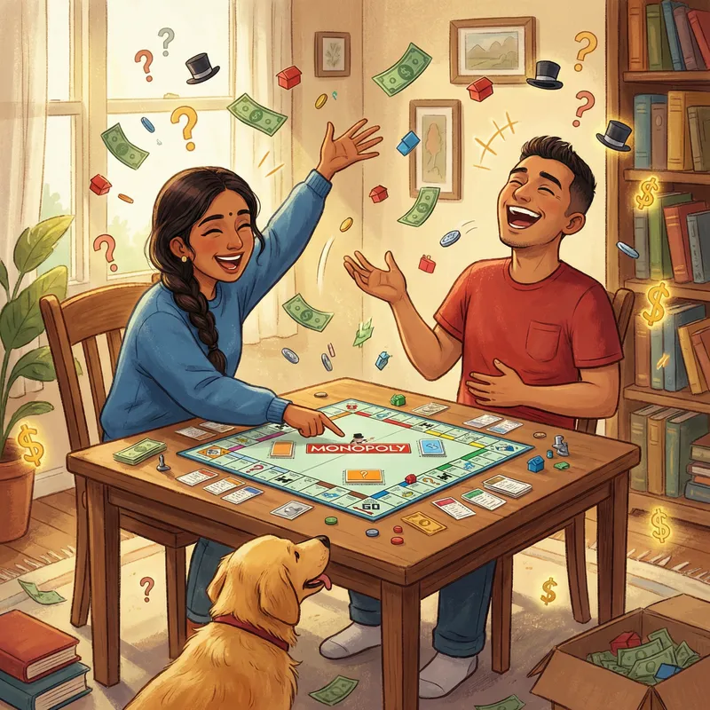 Young Couple Playing Disney Monopoly Game Young Couple Playing Disney Monopoly Game