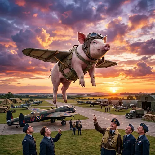 World War 2 Flying Pig: Whimsical Scene with Pig Pilot