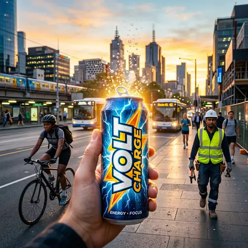Energize Your Day with Vibrant Energy Drink in Urban Sunrise Scene