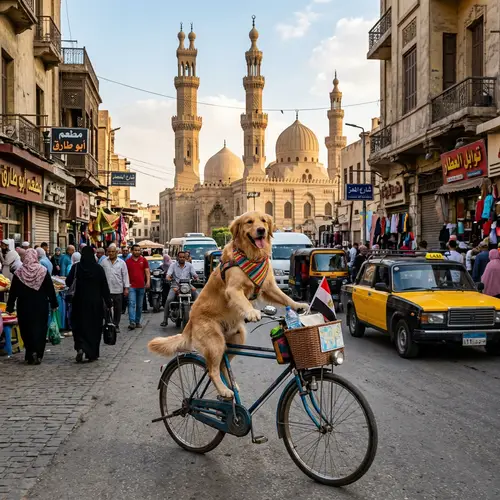 Happy Dog Rides Bicycle in Cairo's Vibrant Streets
